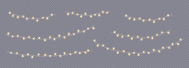 Shining fairy lights hanging lines realistic icons vector set. Christmas holiday atmosphere ornament 3d objects illustrations on transparent