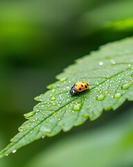 Dewy Ladybug on a Leaf with Vibrant Green Tones