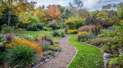 Scenic private fall garden with winding path in rural setting