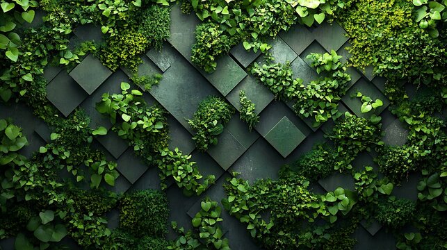 Green wall with plants arranged in an artistic mosaic of geometric patterns, lush textures and vibrant shades of green, ambient lighting creating a stylish, modern look, ultra-realistic, HD quality.