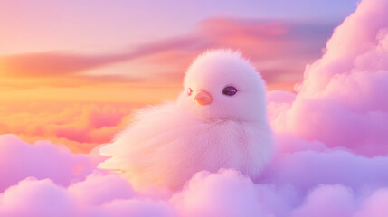 3D cute chick bird fluffy pink rainbow clouds shape sunset colorful dreamy sky cloudscape adorable pet animal fashion healing wallpaper background with copy space
