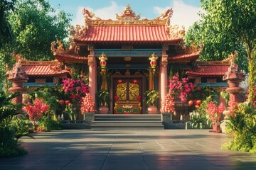Vibrant Asian Temple Surrounded by Lush Greenery