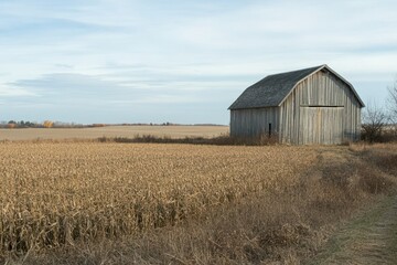 A rustic barn stands beside a golden field under a cloudy sky.