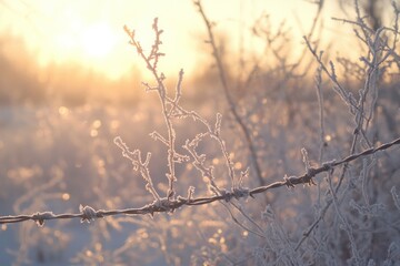 Frosty Morning Glow Over Barbed Wire