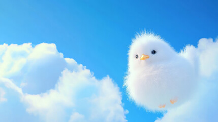 3D cute chick bird fluffy white clouds shape blue sky cloudscape adorable pet animal fashion healing wallpaper background with copy space