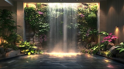 Indoor living wall with a soothing waterfall centerpiece, surrounded by vibrant greenery and stone accents, Zen garden feel, with gentle light cascading over plants and water, high-definition,