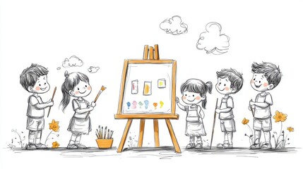 Black line drawing of children painting on an easel, smiling and enjoying art time, set against a clean white background for educational use.