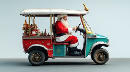 Santa Claus riding a tuk-tuk through a busy city, symbolizing Southeast Asian Christmas celebrations, isolated on a clean white background.