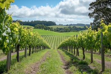Naklejka premium Vineyard Rows with Green Vines and Grass Path Leading to Hilltop