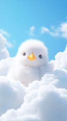 3D cute chick bird fluffy white clouds shape blue sky cloudscape adorable pet animal fashion healing wallpaper background with copy space