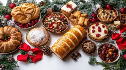 Fototapeta premium Traditional Christmas foods from different cultures on one table, such as panettone, yule log, and tamales, symbolizing global holiday traditions, isolated on a clean white background.