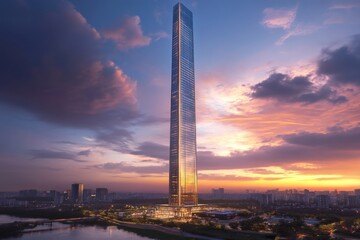 Obraz premium Modern Skyscraper Architecture at Sunset with Cityscape