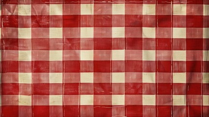 Red vintage checkered tablecloth background with space for text.