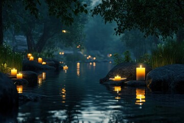 Tranquil Stream with Floating Candles at Dusk