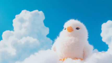 3D cute chick bird fluffy white clouds shape blue sky cloudscape adorable pet animal fashion healing wallpaper background with copy space