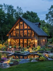 Obraz premium A beautifully lit cabin surrounded by lush gardens and a tranquil pond at dusk.