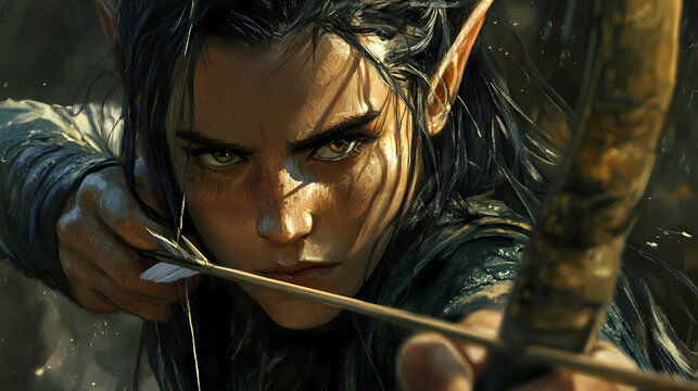 Dark haired elven archer close up illustration fantasy - generative ai. Dark Elf Warrior. Illustration