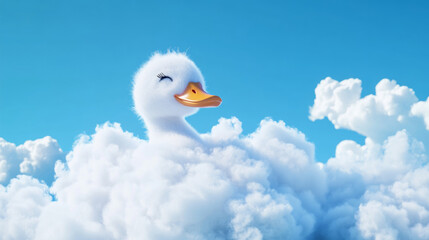 3D cute duck bird fluffy white clouds shape blue sky cloudscape adorable pet animal fashion healing wallpaper background with copy space