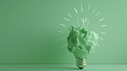 Green Light Bulb Concept Made of Crumpled Paper on Green Background Symbolizing Eco Ideas