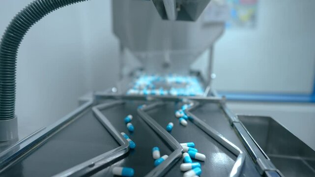 Capsule pill. capsules moving. pills moving on a machine. capsule pill making process in a pharma factory. Pharmaceutical manufacturing tablet pill production line. medicine drug tablets capsule medi