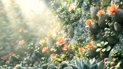 Fototapeta premium Living wall with a blend of cacti and succulents, drought-tolerant design in unique geometric arrangement, muted greens and soft pastels, soft ambient light, ultra-realistic textures. --ar 16:9