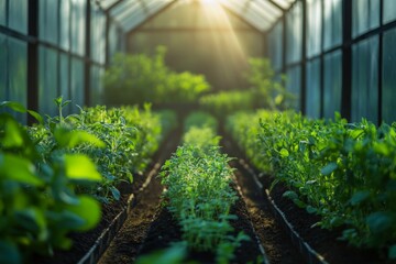 Fototapeta premium Green Plants Growing in Greenhouse with Sunlight