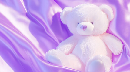 Fototapeta premium 3D cute teddy bear fluffy velvet on lavender purple flow silk adorable pet animal plush toy fashion healing shiny gift wallpaper background with copy space