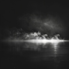 Fototapeta premium Mysterious fog swirls gracefully across dark surface, creating ethereal atmosphere. interplay of light and shadow enhances sense of depth and intrigue