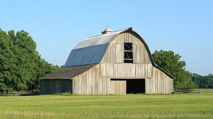 Obraz premium A weathered barn stands in a grassy field under a clear blue sky.