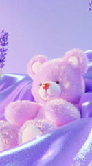 Fototapeta premium 3D cute teddy bear fluffy velvet on lavender purple flow silk adorable pet animal plush toy fashion healing shiny gift wallpaper background with copy space