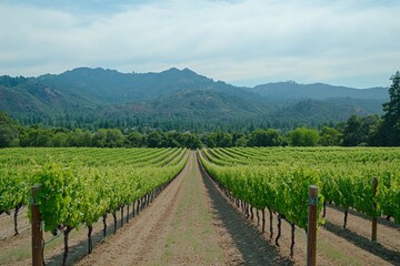 Fototapeta premium Vineyard Rows with Mountain Landscape Background