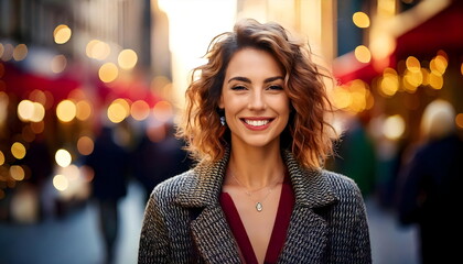 Obraz premium Smiling Woman in Busy Urban Street Scene