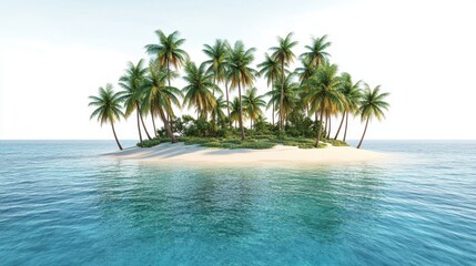 Obraz premium A tropical island with palm trees, surrounded by crystal-clear waters, symbolizing a dream beach getaway, isolated on a clean white background.