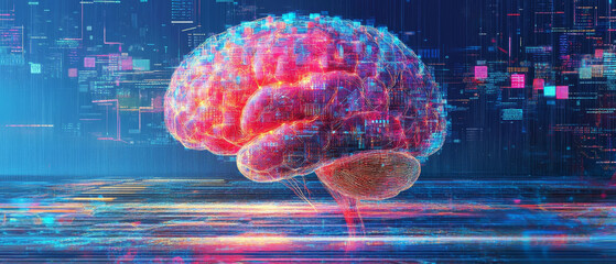 futuristic illustration of brain with neural networks, glowing in vibrant colors, set against digital cityscape background, symbolizing advanced technology and artificial intelligence
