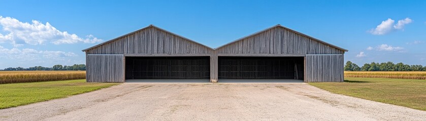Fototapeta premium A symmetrical barn structure with open doors, set against a clear blue sky and farmland.