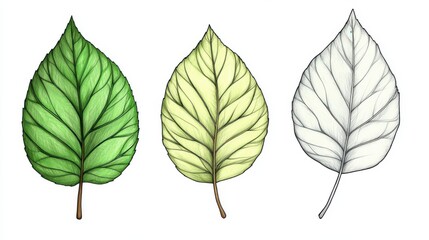 Obraz premium A tutorial showing how to draw a tree leaf, from basic outline to final shading, educational line drawing isolated on a clean white background.