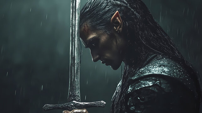 Elf with sword. Dark Elf Warrior. Illustration