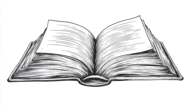 A tutorial showing how to draw an open book, from simple lines to detailed pages, educational line drawing isolated on a clean white background.