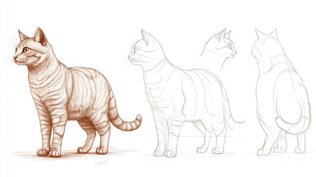 A tutorial showing the process of drawing a cat, from simple shapes to a complete figure, educational line drawing isolated on a clean white background.