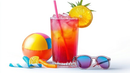 A vibrant tropical drink with a beach ball and sunglasses, symbolizing a fun-filled beach holiday, isolated on a clean white background.