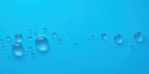 Water drops in various sizes and shapes sit delicately on a vibrant blue background, creating a serene and soothing aesthetic, peaceful, translucent, close-up
