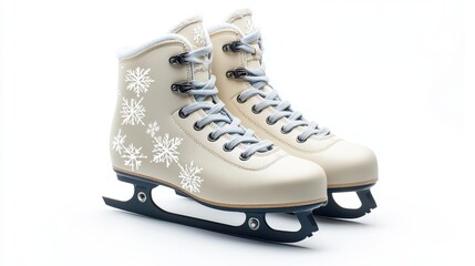 A pair of ice skates with snowflakes surrounding them, symbolizing winter sports and activities, isolated on a clean white background.