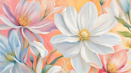 Obraz premium A painting of a bouquet of white flowers with a pink background