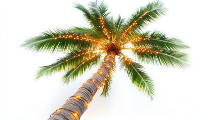 A palm tree with Christmas lights wrapped around the trunk, symbolizing festive beachside holidays, isolated on a clean white background.