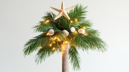 A palm tree decorated with Christmas lights, seashell ornaments, and a starfish topper, representing tropical holiday celebrations, isolated on a clean white background.
