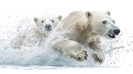 Fototapeta premium A polar bear plunge scene, with swimmers in winter gear diving into icy water, representing extreme winter sports, isolated on a clean white background.
