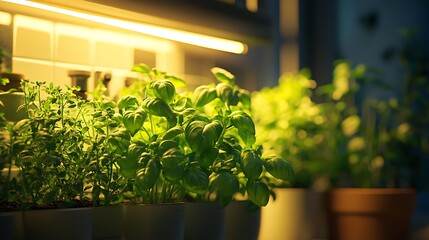 Fototapeta premium Small vertical herb garden in a kitchen, thriving basil, thyme, and cilantro, cozy space with soft lighting, convenient for cooking, high-definition details, realistic look. --ar 16:9
