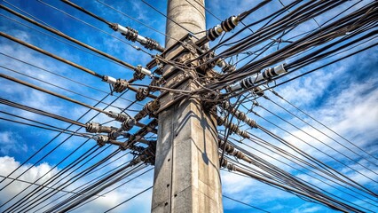 Obraz premium Concrete electrical post with multiple cables and wires spreading out in various directions, concrete, electrical