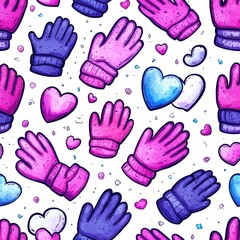 Watercolor seamless pattern of wool gloves isolated on a white background.