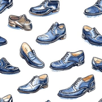 Watercolor seamless pattern of men's leather shoes isolated on a white background.